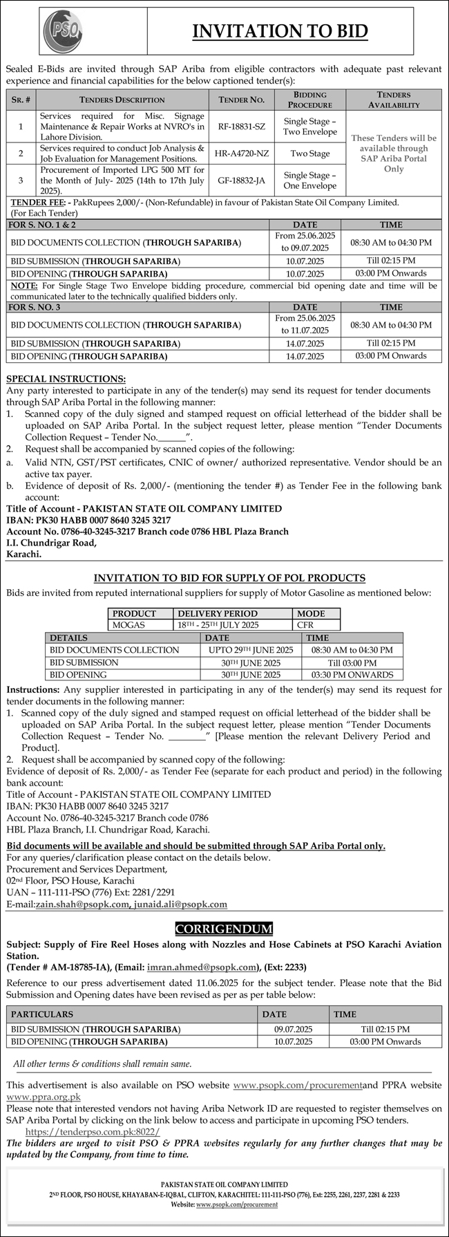 Pakistan State Oil Company Limited Karachi Tender Notice